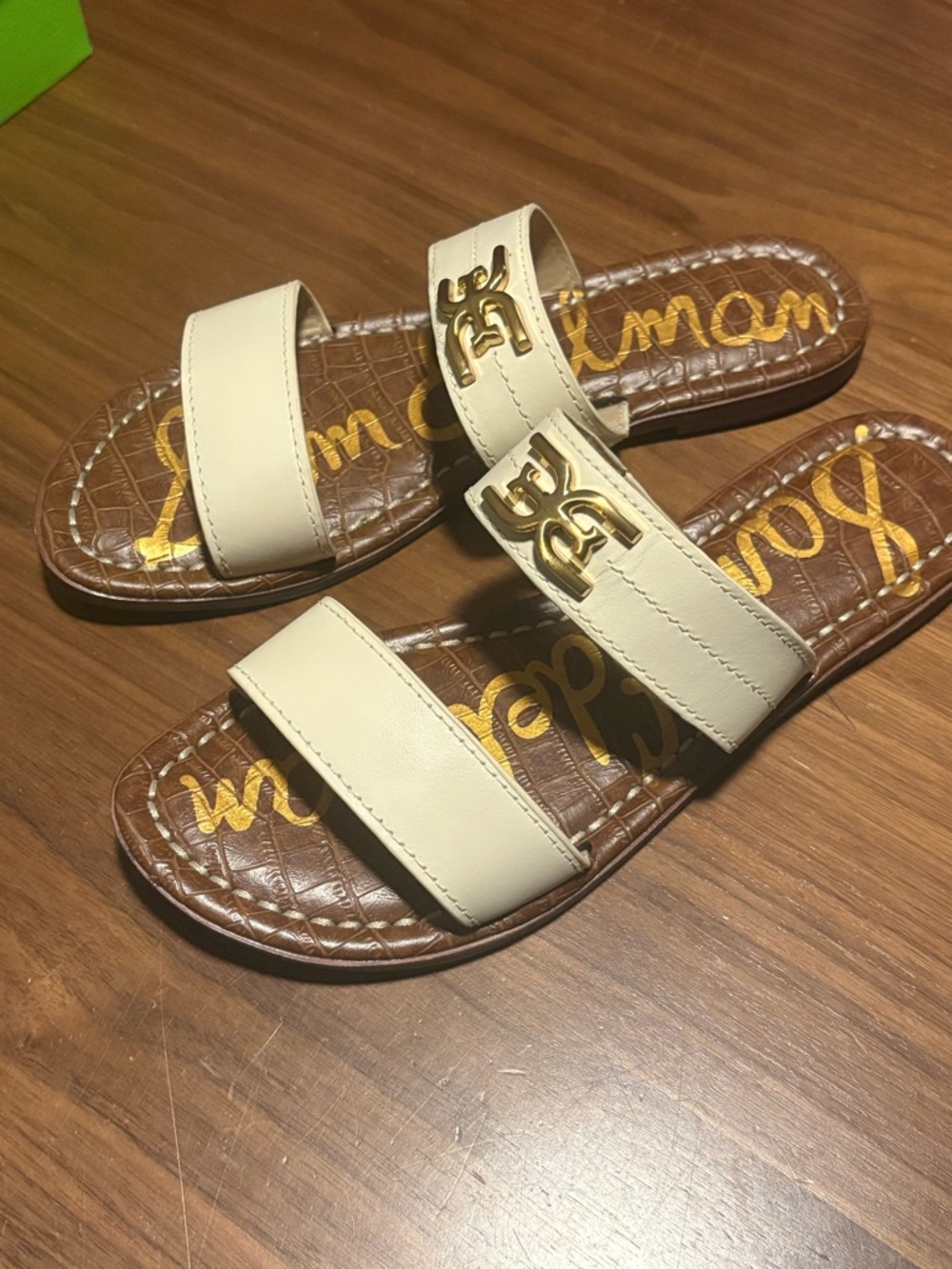 Sam Edelman Cream Double-Strap Slide Sandals with Gold Logo